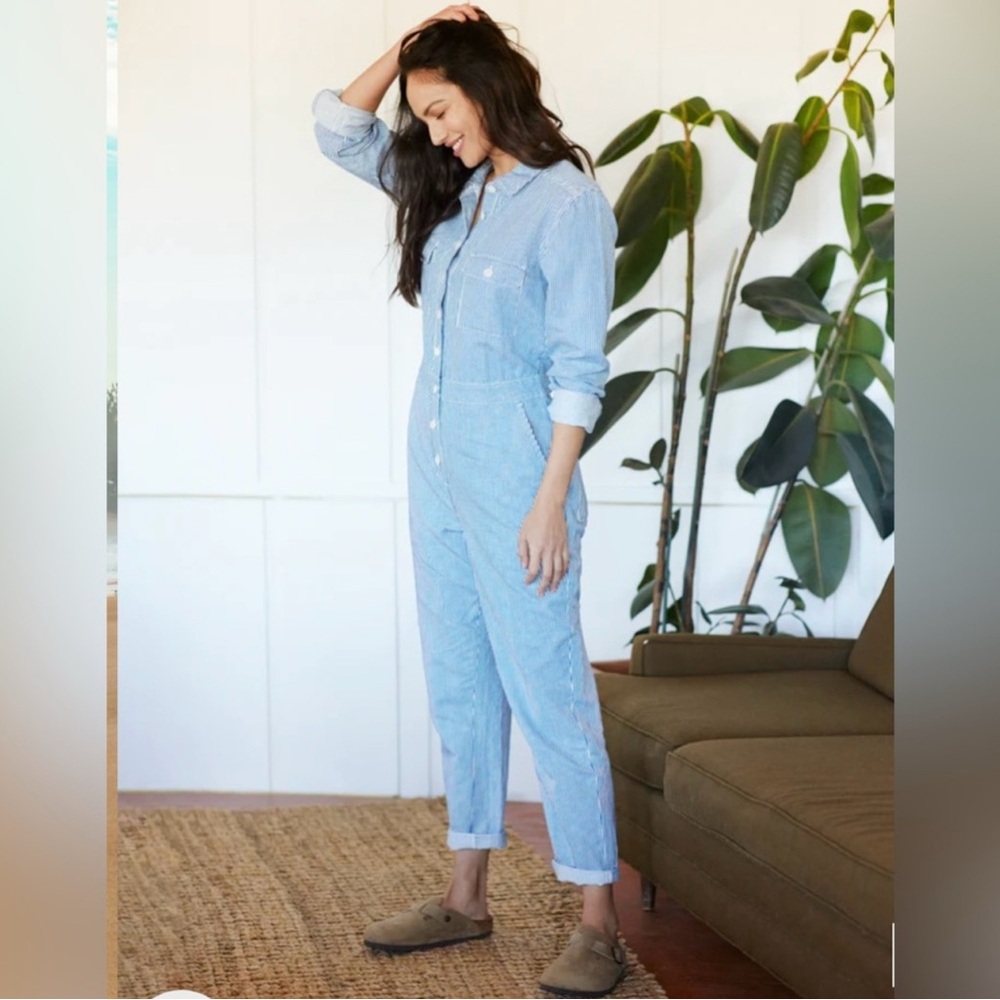 OuterKnown S.E.A Suit Organic Cotton Linen Blend Striped Blue Coverall Sz S NWT - Picture 5 of 5
